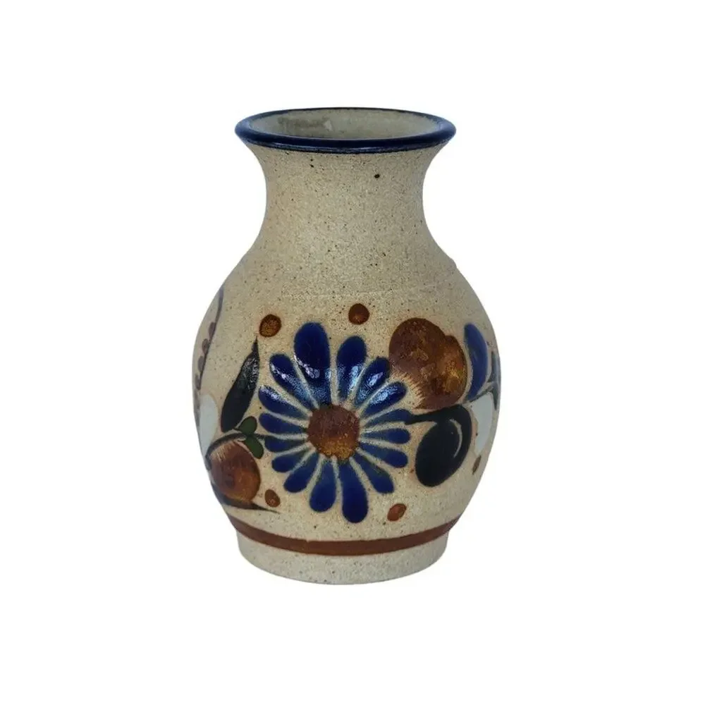 Mexican Tonala Pottery Hand Painted Vase Small Floral Folk Art Blue Cream Mexico